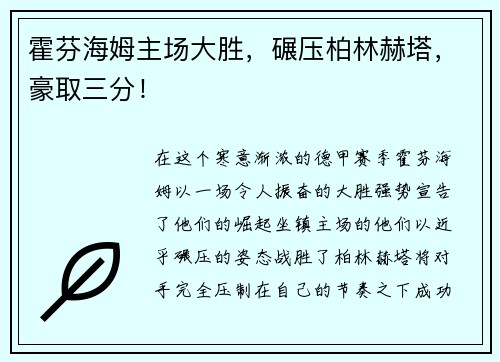 霍芬海姆主场大胜，碾压柏林赫塔，豪取三分！